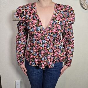 Asos Blouse Size 4 pink  Floral Long Balloon Sleeve V-neck